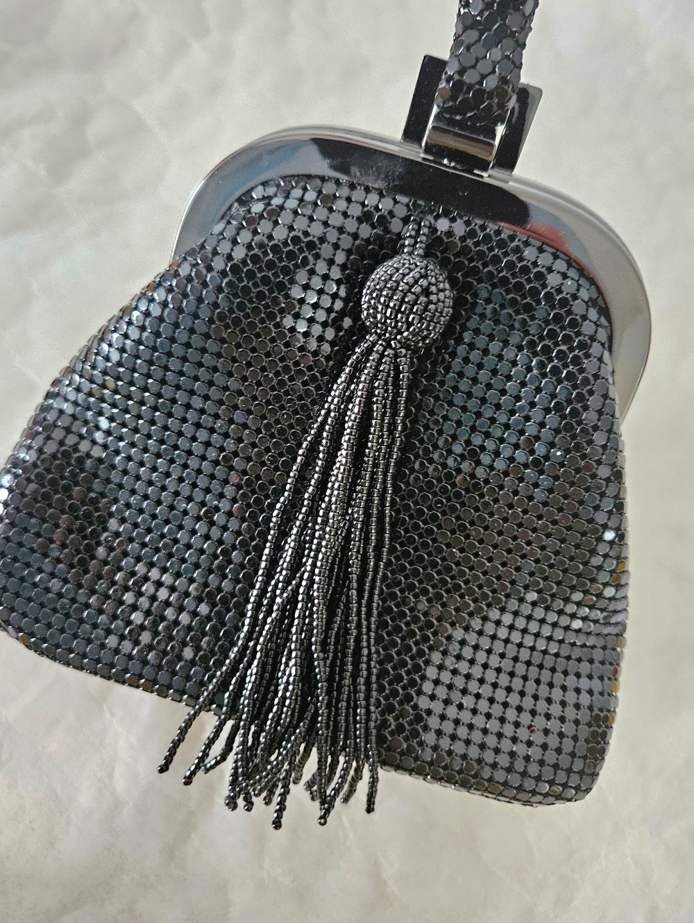Talbots Black Mesh Metal Evening Bag Beaded Tassel